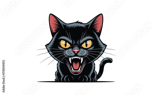 Aggressive Black Cat Cartoon Vector Illustration, Angry Feline with Sharp Claws and Teeth for Halloween, Costume, or Animal-Related Projects