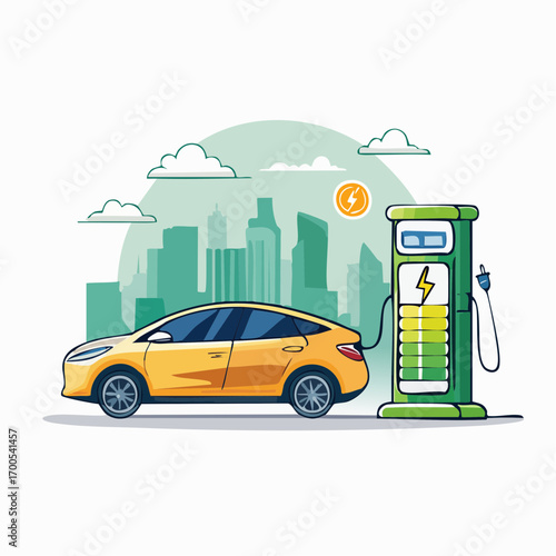 Electric Vehicle Charging Station against Cityscape. Electric car charging station. Electricity eco new technology for future.