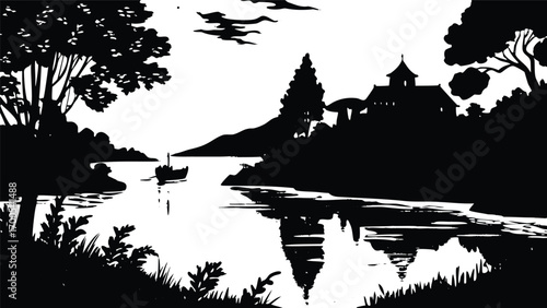 Grunge silhouette landscape of a lake with trees and their reflection in the water at sunset