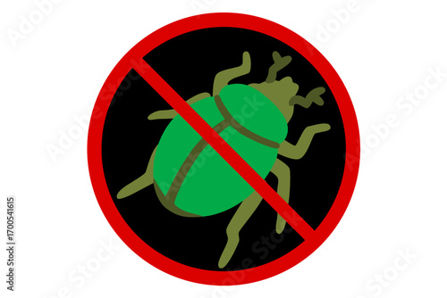 Vector illustration of a prohibition sign with a beetle inside a red circle and slash. Insect control, pest prevention, and no bugs allowed symbol for hygiene and safety warning.