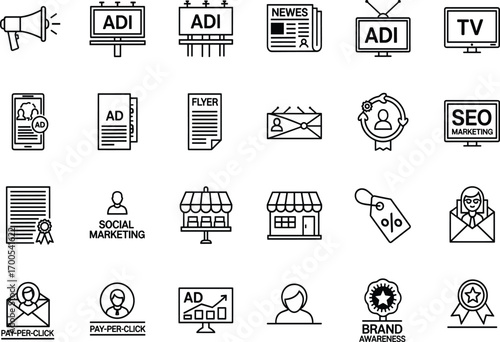 Black-and-white advertising icon set featuring marketing tools, branding elements, digital promotions, and media formats for design, education, and strategy