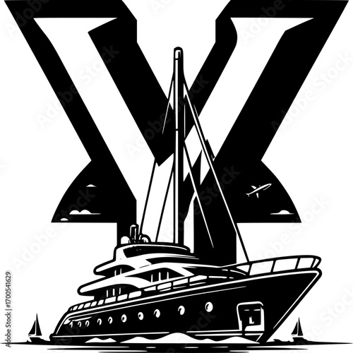 Luxury Yacht Design: A sophisticated design showcases a luxurious yacht, meticulously crafted with sleek lines, sailing gracefully under a symbolic emblem.
