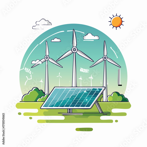Multiple wind turbines and solar panels on a green landscape. Solar panel wind turbines installed as renewable station energy sources for electricity