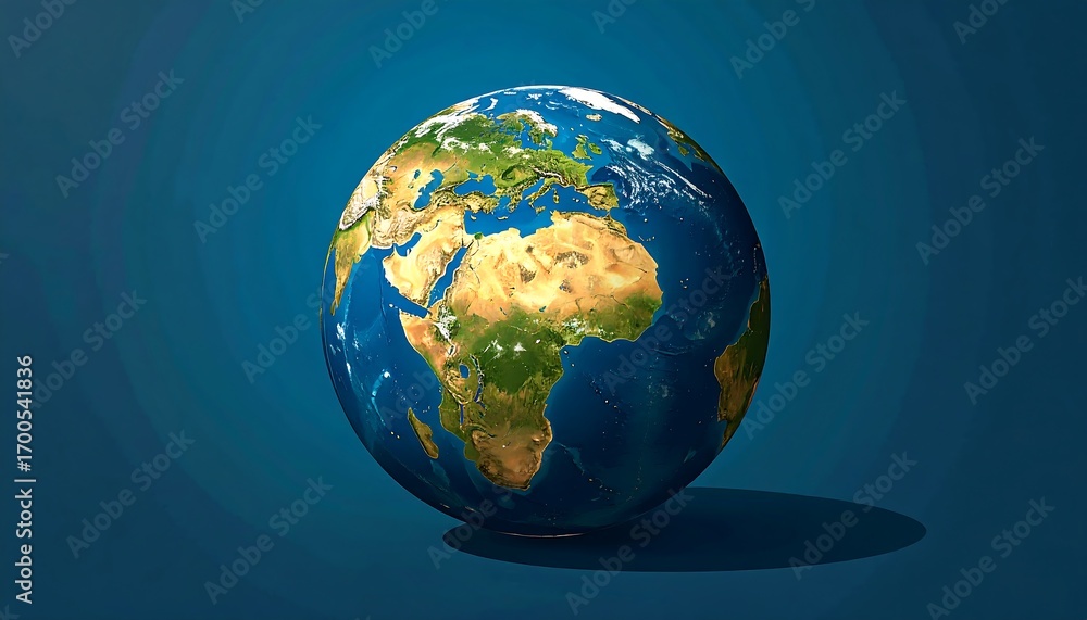 Naklejka premium A detailed, high-resolution image of Earth, depicted as a three-dimensional sphere, set against a deep blue backdrop.
