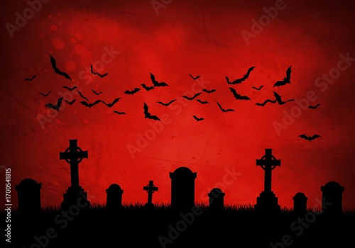 Silhouette of a graveyard with tombstones and bats against a red sky.