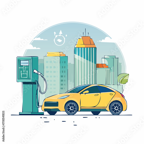 Electric Vehicle Charging Station against Cityscape. Electric car charging station. Electricity eco new technology cars of the future.