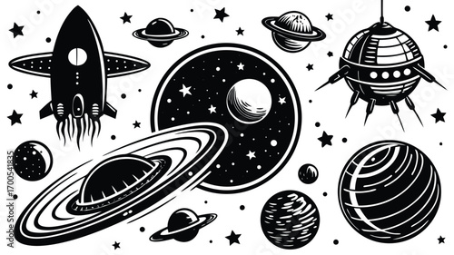 Cute and colorful seamless vector pattern of cartoon UFOs and rockets in space
