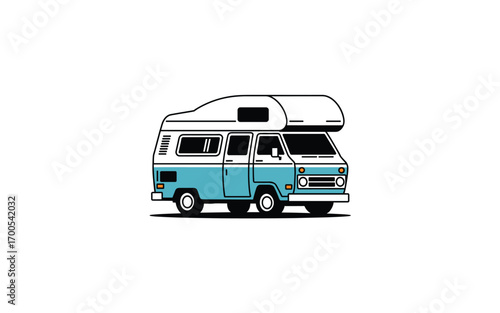 Retro Camper Van Illustration in Blue and White: A Classic Symbol of Adventure, Road Trips, and Nostalgic Travel with Minimalist Style