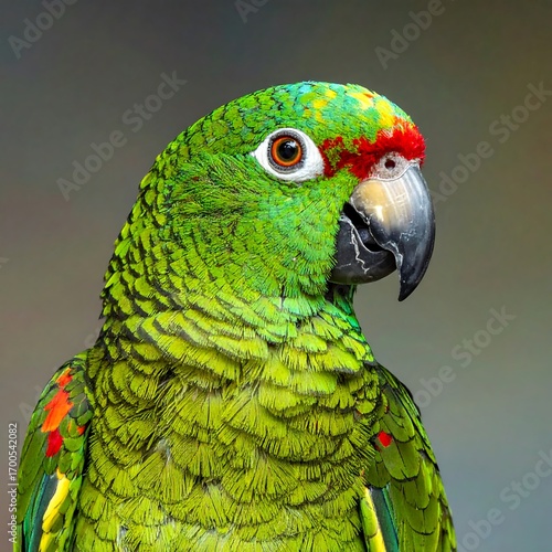 Close-up portrait of a vibrant green parrot, showcasing intricate feather details and striking color patterns.