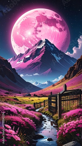 A vibrant, mountainous landscape is filled with vibrant pink flowers and a glistening stream, with a large pink moon dominating the night sky.