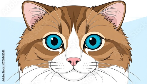 Close-up illustration of a cat's face, showcasing detailed fur patterns and striking blue eyes against a light-blue background.