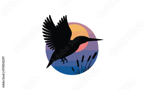 Bird Silhouette Sunset Flight over Lake, Wildlife, Nature, Birdwatching, Ornithology, Tropical, Aquatic, Silhouette Illustration, Black Bird Vector