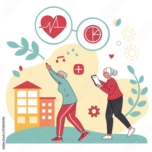 Seniors Exercising with Health Monitoring and City Background