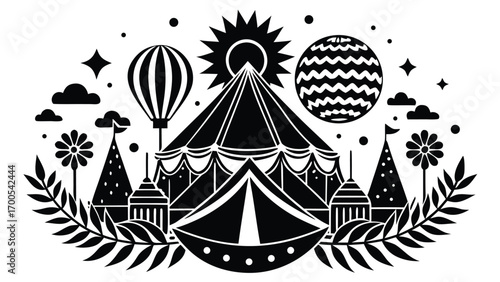 Vintage illustration of a French coat of arms and a carnival mask against a winter sky with circus tents, stars, and a Christmas tree