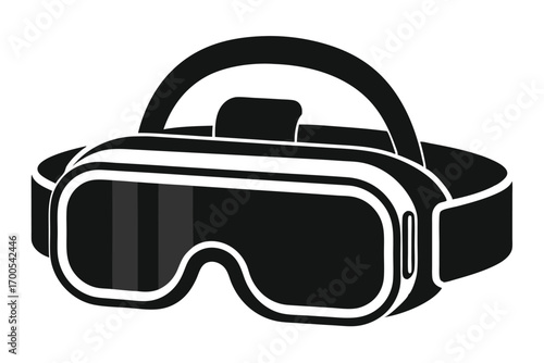 Black and white illustration of a modern VR headset with head strap