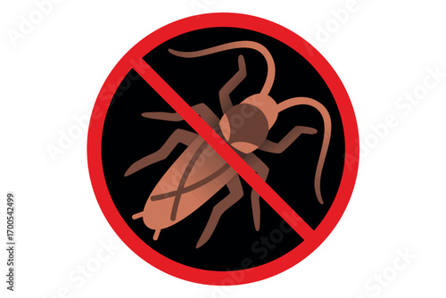 Vector illustration of a prohibition sign with a cockroach inside a red circle and slash. Symbol of pest control, insect ban, no cockroaches, or hygiene restriction warning.