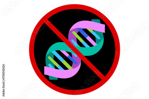 Vector illustration of a prohibition sign with a DNA double helix. Symbol of no genetics, forbidden DNA use, genetic restriction, bioethics rules, or prohibited genetic modification.