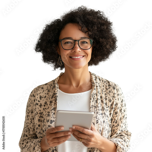 Wallpaper Mural uma mulher de óculos talvez uma dona de casa, professora ou mulher de negocios,  segurando um tablete na sala de aula Torontodigital.ca