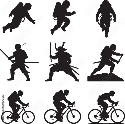 Silhouettes of Astronauts Samurai Warriors and Cyclists in Dynamic Poses