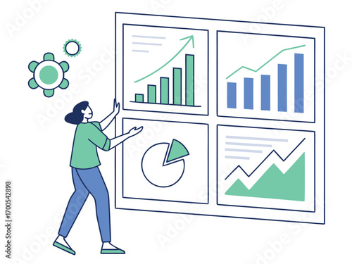 Person analyzing financial data on a large screen with multiple charts and graphs, showing business performance