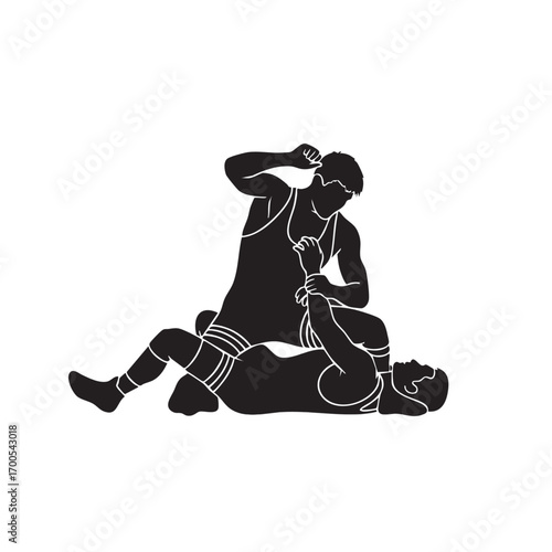 Vector Illustration of Martial Arts Fight Scene in Minimalist Black and White Style