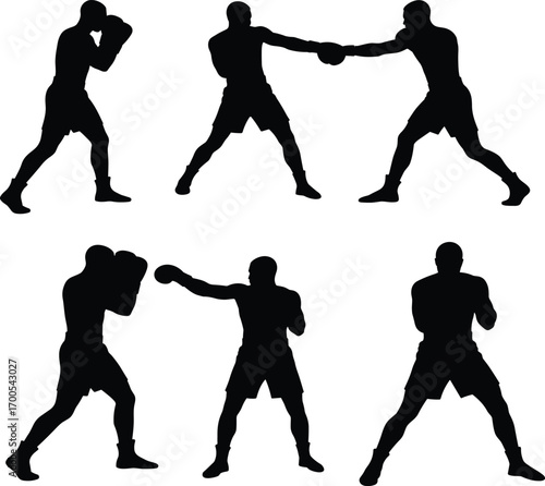 Boxing silhouette pose set, guard and punch stance variations, black vector illustration for sport, training, fitness, and animation use