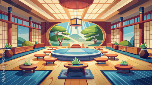 Elegant 360 panorama of a Zen-inspired conference space, centered on a low wooden table, neutral cushions, shoji screens, bonsai trees, and soft lighting, creating calm, focus, and harmonious collabor