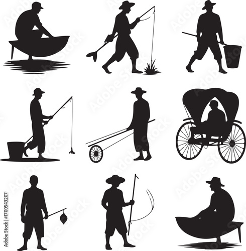 Silhouettes of Asian Fishermen and Rickshaw Driver vector illustration