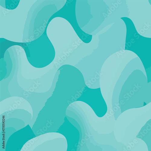 Abstract background in shades of teal and light blue with flowing shapes design, seamless pattern, royalty free stock.