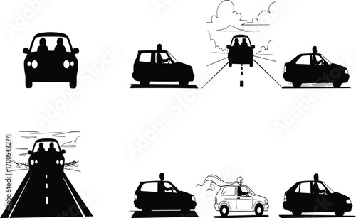 Car silhouette illustration set, people interacting with vehicles, sunroof scenes, driving views, travel concept, vector icons, lifestyle, minimal design