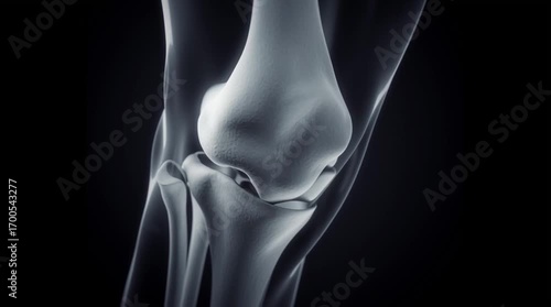 3D medical animation of osteoarthritis in the human knee joint. Hyper-realistic anatomy showing cartilage degeneration, bone friction, inflammation, and joint stiffness. Educational healthcare video i