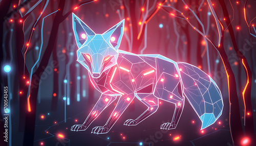 Bright, fox futuristic glowing lines create a digital energy backdrop in a dark blue abstract vector space