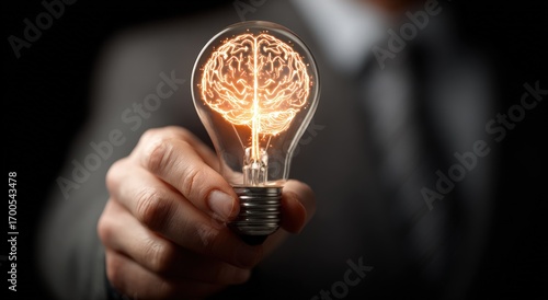 A hand holds a glowing lightbulb with a brain illuminating the inside