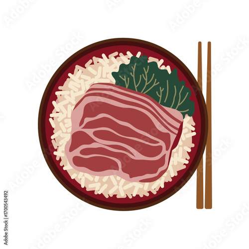 Rice dish with sliced meat and greens in a bowl with chopsticks  