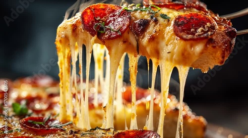 Extreme macro close-up of sizzling cheese pizza with tomatoes and pepperoni, fork lifting molten mozzarella in gooey strands, steamy wisps, glossy highlights, ultra-realistic macro food video, cinemat