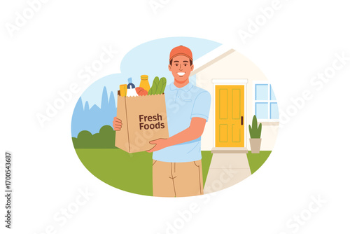 Cheerful Grocery Delivery Man Delivers Fresh Foods in Bag to Home Doorstep, Ensuring Convenience and Customer Satisfaction with Online Grocery Ordering Services