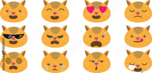 Cute cat emoji faces set vector illustration, hearts eyes crying laughing angry expressions isolated on transparent background