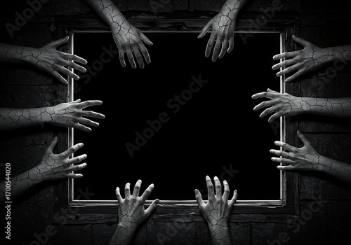 A dark, ominous scene featuring multiple hands reaching towards a black void.