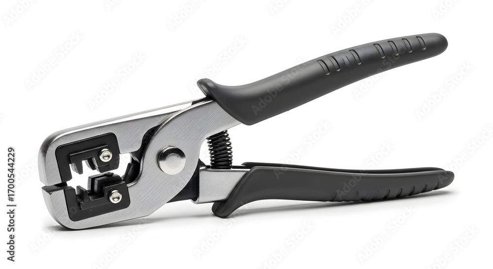 Obraz premium Crimping Tool Close-up: A detailed studio shot showcasing a professional-grade crimping tool. The image highlights its sturdy build, precise mechanics, and ergonomic design.