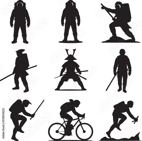 Collection of nine diverse silhouette figures in action poses Keywords: silhouette, figure, action