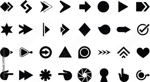 Bullet points icon set. Black Vector Symbols Collection with Directional Arrows, Pointers, Shapes, Check Mark, Heart, Play Button and Navigation Icons for Web, Apps, UI, Infographic and Graphic Design