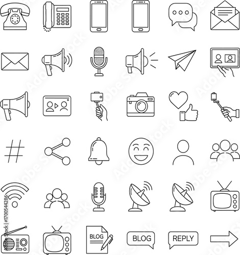 Communication icon set, black line style, media symbols, social interaction graphics, vector illustration, messaging tools, broadcast elements, digital network pack