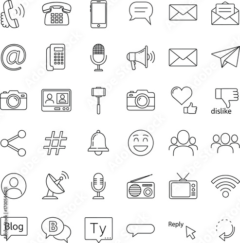 Communication icon set, black line style, media symbols, social interaction graphics, vector illustration, messaging tools, digital network pack