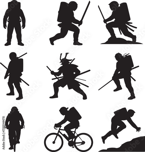 Diverse Black Silhouettes Of Figures Engaged In Various Activities person samurai