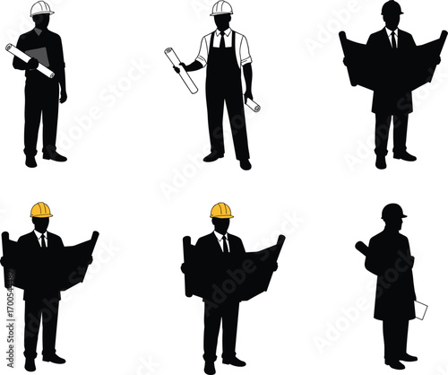 Construction professional silhouette set featuring blueprint gestures, hard hats, tools, and engineering poses for design, education, and merch
