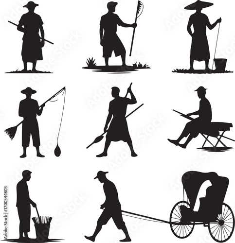Black Silhouettes Of People Engaged In Traditional Asian Activities person farmer