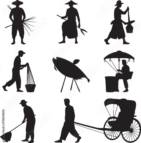 Collection of nine diverse traditional human silhouette figures and objects Keywords: silhouette