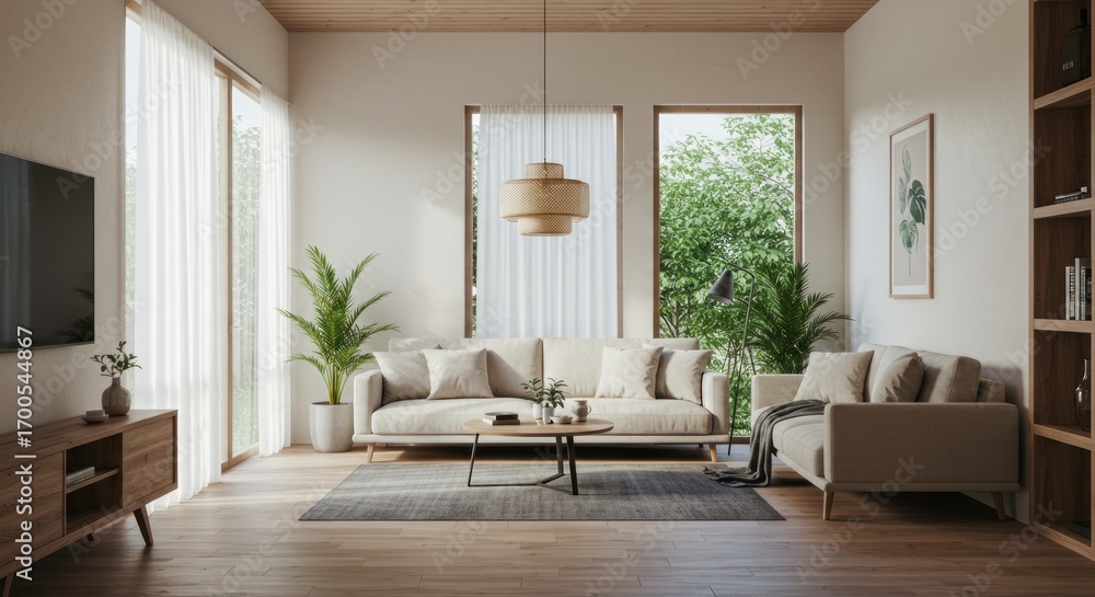Fototapeta premium Living room with modern furniture and large windows overlooking trees