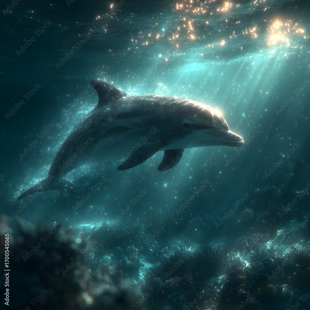 Obraz premium Majestic dolphin swims gracefully through sunlit ocean depths, surrounded by shimmering light.
