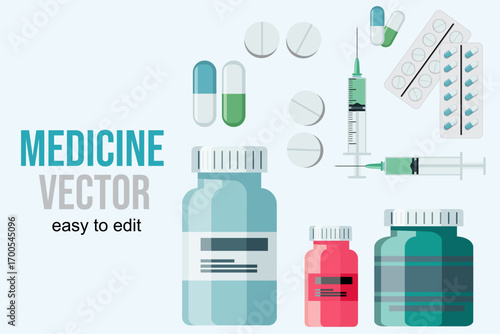 Isometric medical equipment. Pills, bandage and bottles. Pharmacy and hospital elements, flawless vector clipart